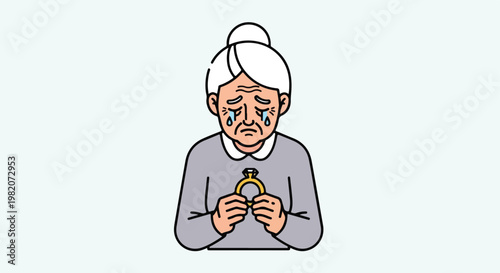 A tearful elderly woman holds a gold wedding ring in her hands with great sorrow