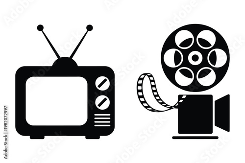 Retro television and film reel with movie camera vector icons, television