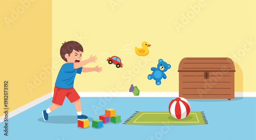 A young boy throws various toys across a room in a frustrated tantrum episode