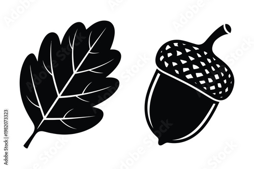 Oak leaf and acorn silhouette icons with plant part illustration silhouette