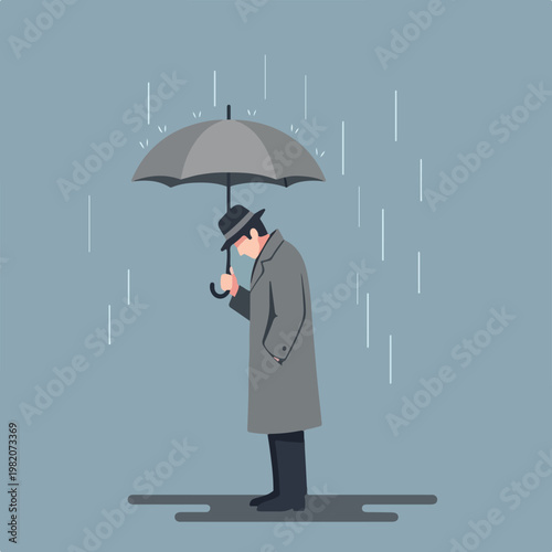 A man in a trench coat and hat holds an umbrella under the falling rain