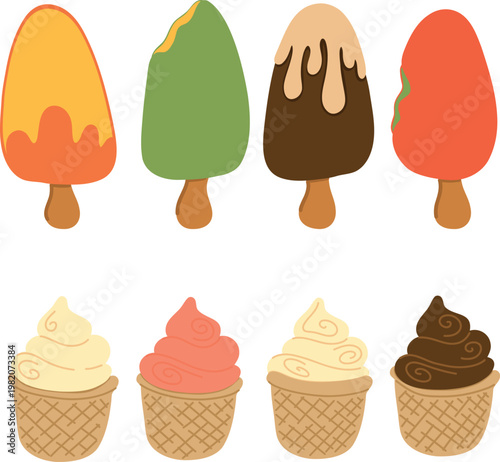 Set of various ice creams, set of ice cream on a stick and ice cream in waffle cups. Variety of dessert illustrations with different flavors and shapes, perfect for food design, menus and etc.
