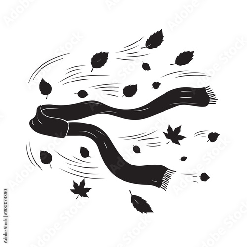 Autumn, scarf, leaves, windy day, black, vector illustration, fall season, fashion accessory isolated on White Background