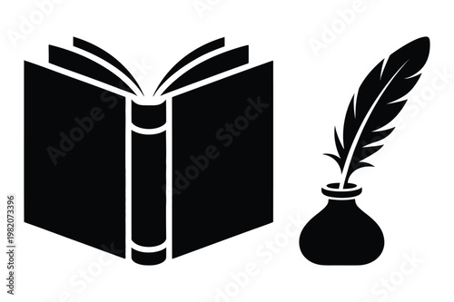Open book and inkwell with feather silhouette icons education knowledge