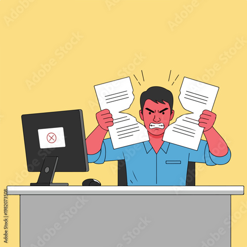 A red-faced, furious office worker rips apart paperwork in front of a computer