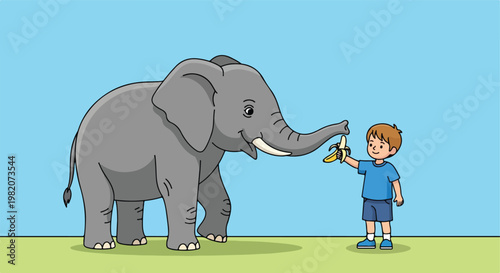 A cartoon illustration of a young boy feeding a yellow banana to an elephant
