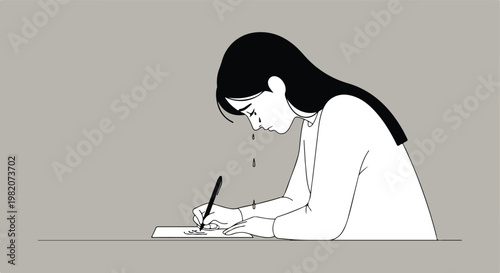 A crying woman sitting at a desk and writing on paper in a minimalist style