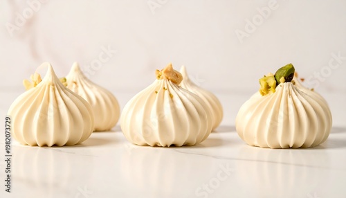 Six meringue kisses adorned with chopped nuts on a marble surface, softly lit and appetizing