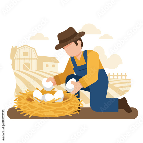 A flat vector illustration of a farmer in overalls collecting eggs from a nest