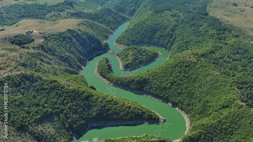 Aerial view of curved meanders in canyon of Uvac river, Serbia, 4k