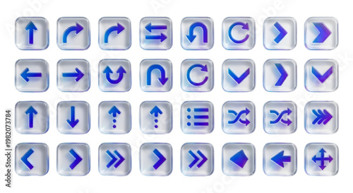 3D glass arrow icon set. Transparent directional navigation buttons with blue holographic symbols on black background. Modern UI glassmorphism web design collection.