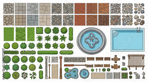 A collection of versatile vector top view garden landscape architecture design elements for site plans featuring swimming pool fountain paving textures trees shrubs and furniture