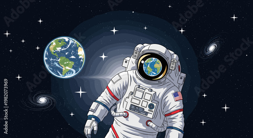 Astronaut in space with Earth reflected in helmet visor, surrounded by stars and galaxies.