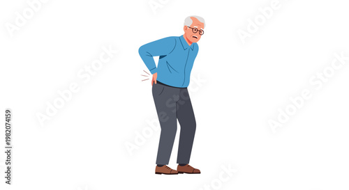 An elderly man standing and holding his lower back in physical pain or discomfort