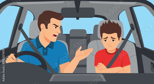 An angry father driving a car shouts at his sad and upset young son sitting next