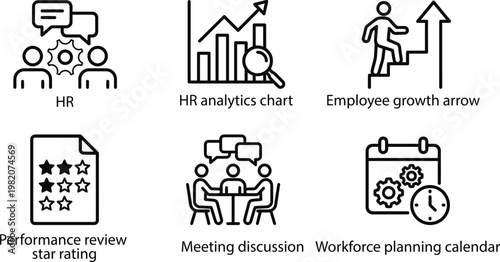 HR analytics and workforce management icons set with employee growth, performance review, meeting, planning and data chart symbols for dashboards and business UI