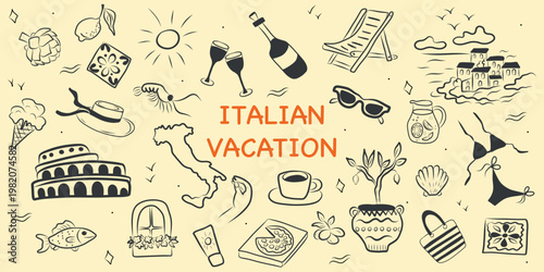 Hand-drawn Italian vacation doodle set with travel, food and summer elements. Line art illustration including landmarks, wine, lemon drink, beach accessories and Mediterranean lifestyle symbols.