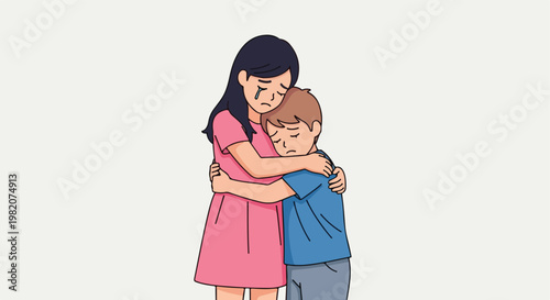 A sad woman and a young boy embracing each other while crying in deep sorrow