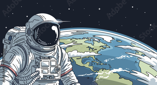 An astronaut floating in outer space with a detailed view of planet Earth in the background, surrounded by stars.
