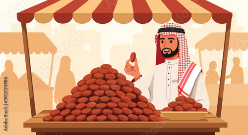 An Arab man sells dates at a vibrant outdoor market stall in a desert city