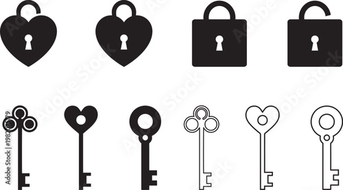 Tableau sur toile Lock and Key SVG Bundle - Set of Ten Black Silhouette and Outline Heart Padlock