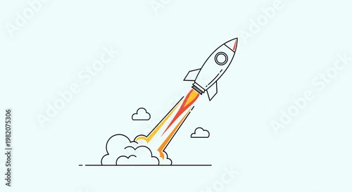Minimalist illustration of a white rocket launching upwards with fiery exhaust and smoke clouds, symbolizing startup, progress, and innovation.