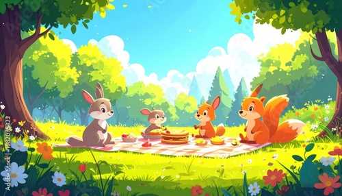 Forest animals enjoying a picnic on a sunny day