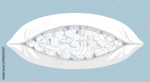 A white pillow opened to show a fluffy interior filled with soft down feathers