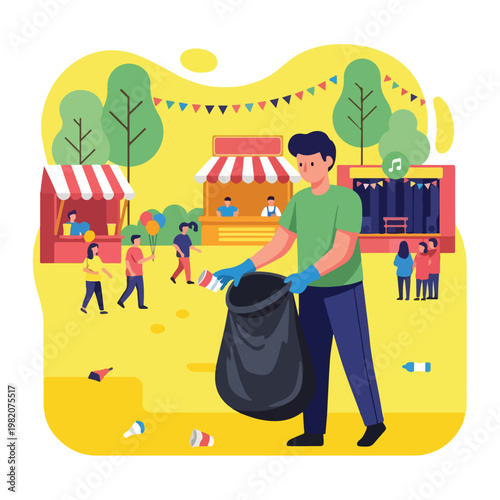 A person picking up litter with gloves in a busy park during a summer festival