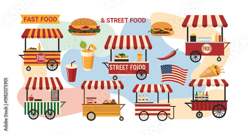 A charming vector illustration of a fruit stand evokes a feeling of freshness and local commerce, ideal for marketing materials or website design.