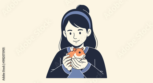 A young girl gently holds a small orange hamster in her hands, smiling softly