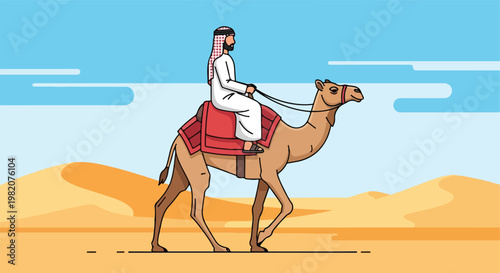 A man in traditional Middle Eastern clothing rides a camel across desert dunes