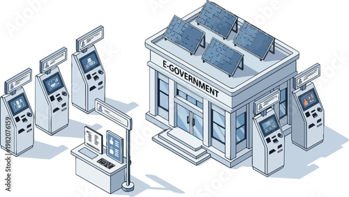 Isometric E-Government Building with Digital Self-Service Kiosks and Solar Panels, Concept of Smart City and Online Public Services Illustration