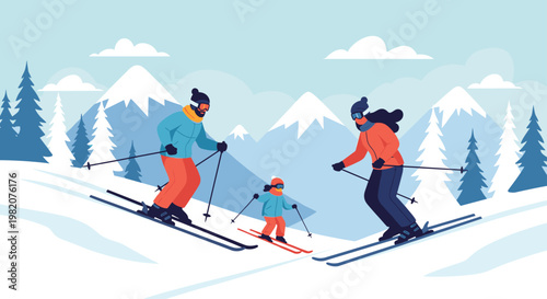 Families enjoy a sunny alpine ski day as adults and a child glide together down snowy slopes beneath blue skies and towering mountains.