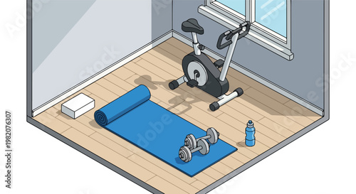 Isometric room with an exercise bike, blue yoga mat, dumbbells, and water bottle