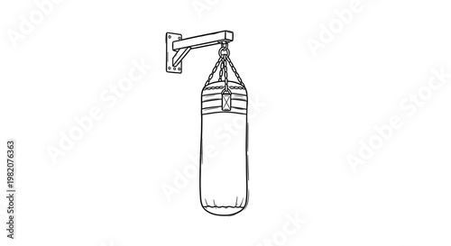 Simple black and white line art illustration of a heavy punching bag hanging from a wall mount for boxing or fitness training.