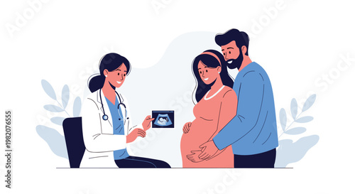Female doctor showing an ultrasound image to a happy pregnant woman and her partner, illustrating maternity care, pregnancy, and family planning.