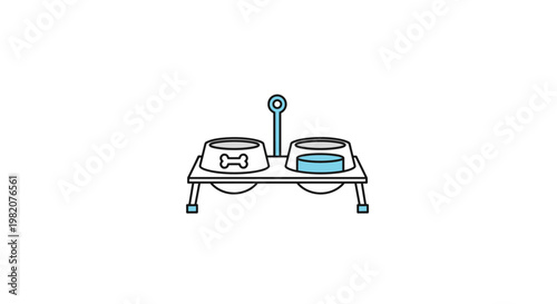 Clean and simple icon of a double pet bowl on a stand for food and water, designed for cats or dogs, illustrated in a modern line art style.