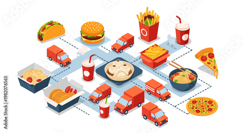 A vibrant illustration of spaghetti with tomatoes in a takeout box, evoking convenience and casual enjoyment. Perfect for food blogs, menus, or social