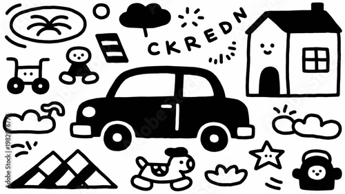 Kindergarten doodle vector background with hand drawn children toys car and house in cute seamless pattern for preschool education wallpaper