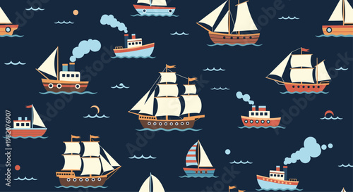 Nautical seamless pattern with a variety of cartoon sailing ships, steamboats, and yachts on a dark blue sea, perfect for children's decor.