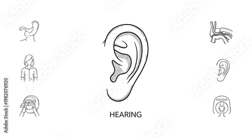 Hand-drawn educational illustration set about the sense of hearing, featuring a detailed human ear and related medical and sensory icons.