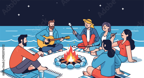 A group of friends sit around a campfire on a beach at night playing guitar
