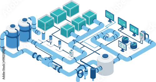 Isometric Industrial Water Treatment Plant and Digital Processing System with Sensors and Pipes