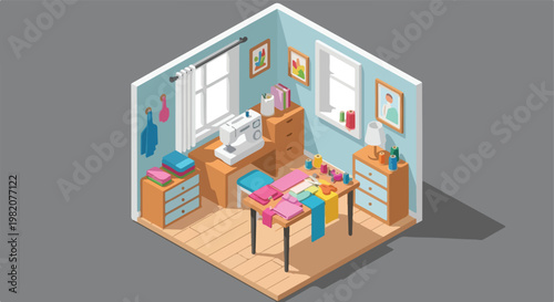 An isometric view of a creative home sewing studio with fabric and a machine