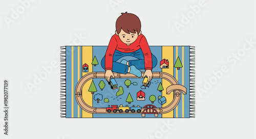 A young boy plays with a toy wooden train set on a decorative patterned rug