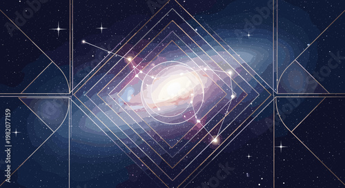 A stylized depiction of a galaxy with geometric patterns and constellations overlayed, evoking a sense of cosmic wonder and celestial order.