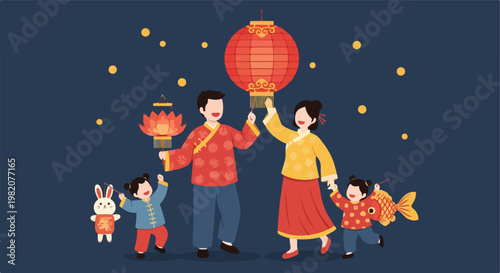 Happy family holding traditional lanterns celebrate a cultural festive holiday