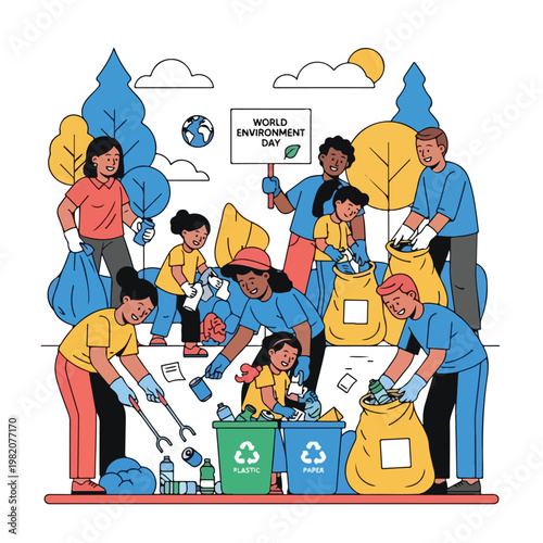 Diverse group of people cleaning up park trash for World Environment Day event