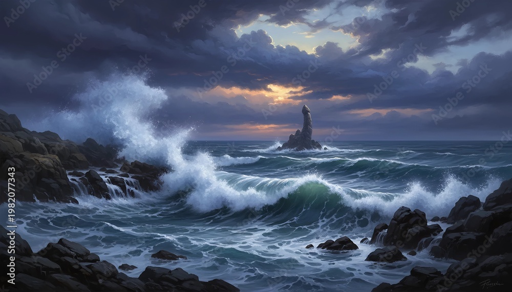 Fototapeta premium Stormy ocean waves crashing against rocky coastline at sunset. Dramatic seascape with towering cliff in water under cloudy sky. Nature power and seascape scenery for artistic background.